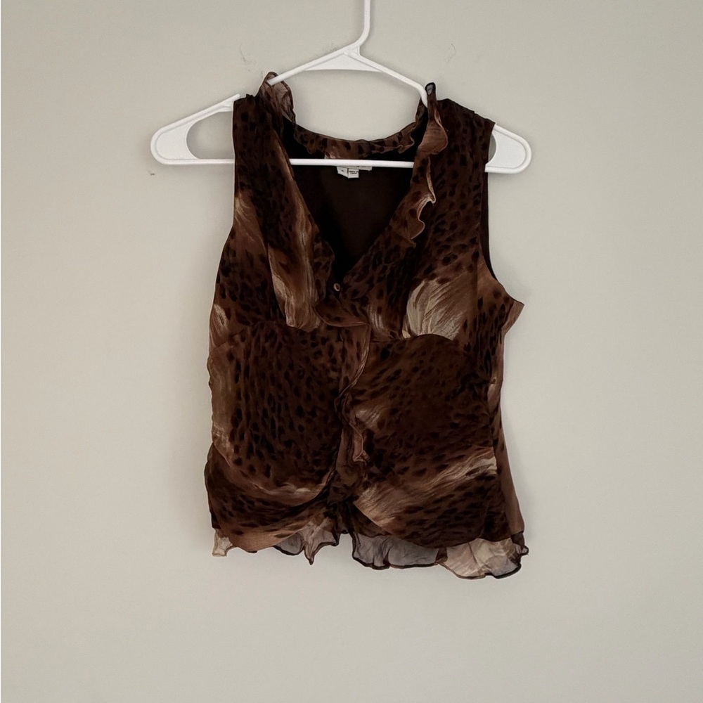 Ice Brown Ruffled Sleeveless Blouse